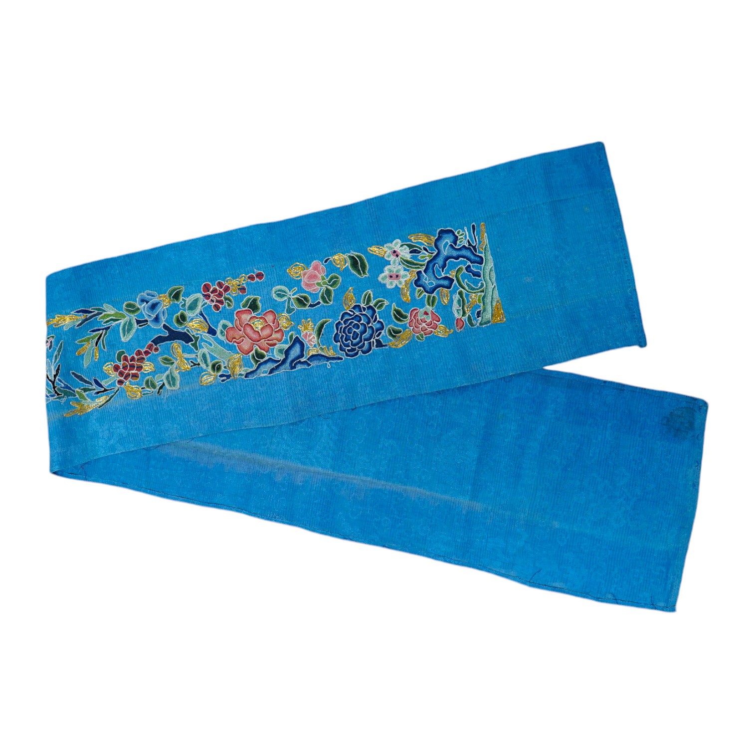 A 19th century Chinese blue silk embroidered sleeve band, embroidered in multi-coloured silk and gold thread, mostly worked in Chinese knot, in a floral and bat design, 48cm long, unframed., Condition - good